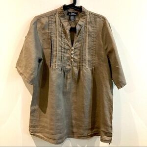 TRENDZ By  Theresa Rendz 100% Linen Short Sleeve Pleated Front Shirt Blouse